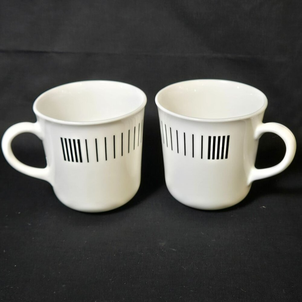 Pair (2) Corelle Corning Lineage Flat Coffee Tea Cup White Black Stripes 8oz Mug